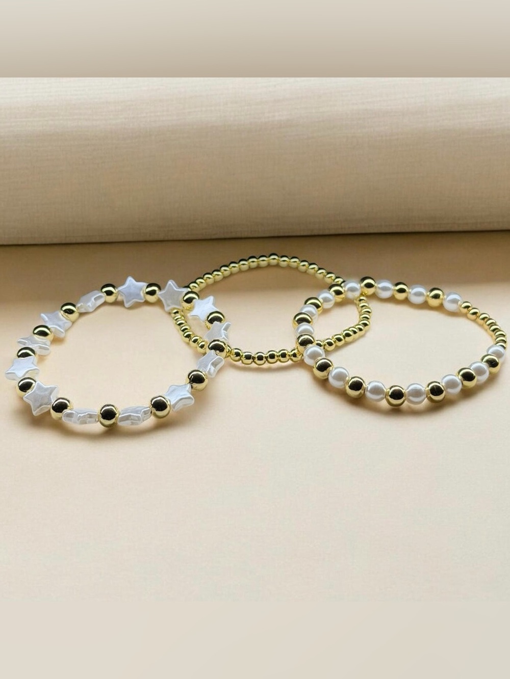 SET of Gold Pearl Beaded Stretch Bracelets - Set of 3 NEW